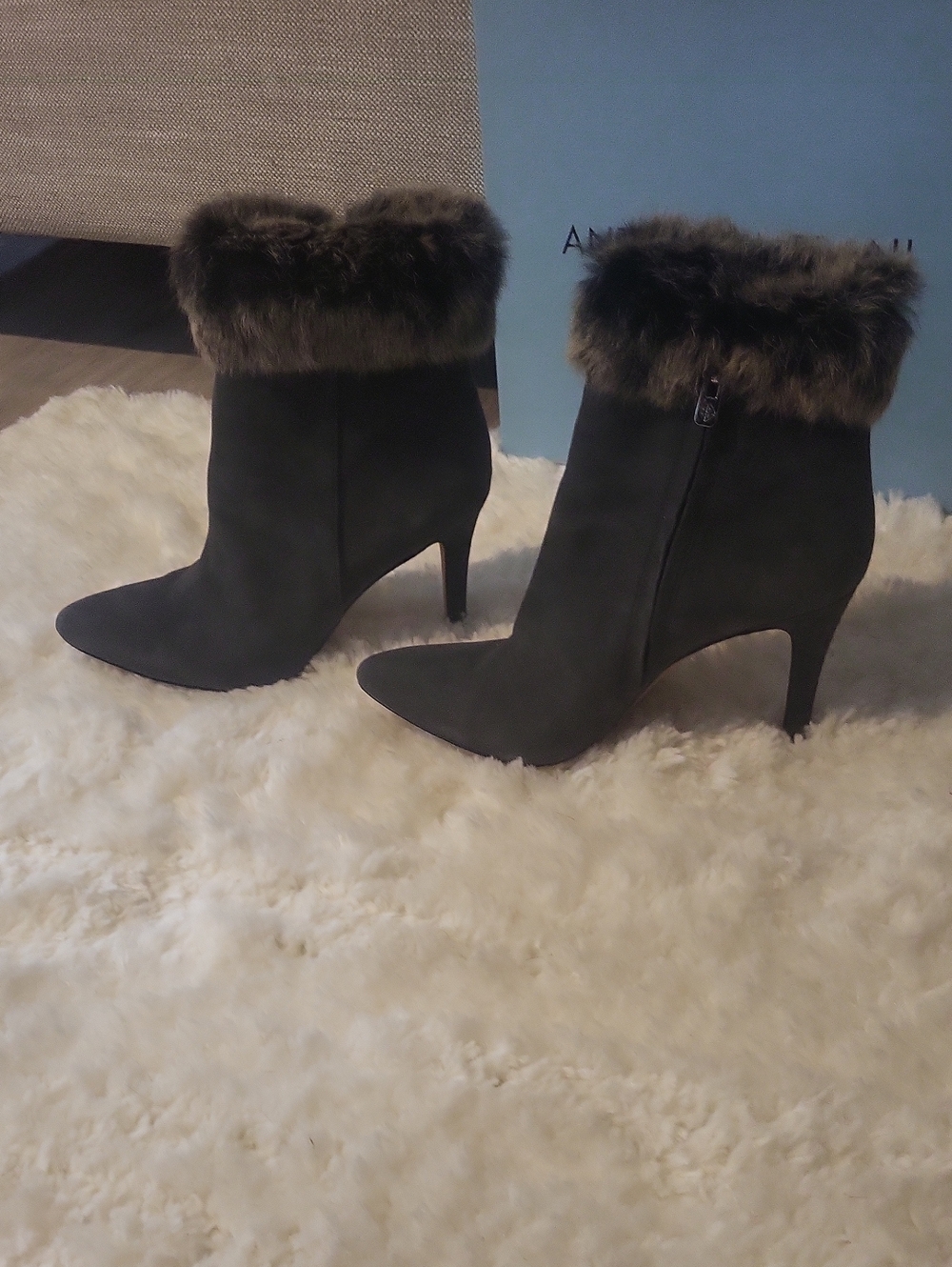 ANTONIO MELANIš©¶ "KYLAN" Charcoal Gray Faux-Fur Trim Stiletto Heel Booties - Picture 4 of 11